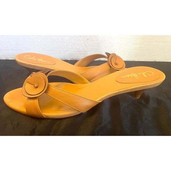 Cole Haan Nike Air Cognac Brown Smooth Leather Kitten Heel Mules Women’s SZ 10B - Picture 11 of 11